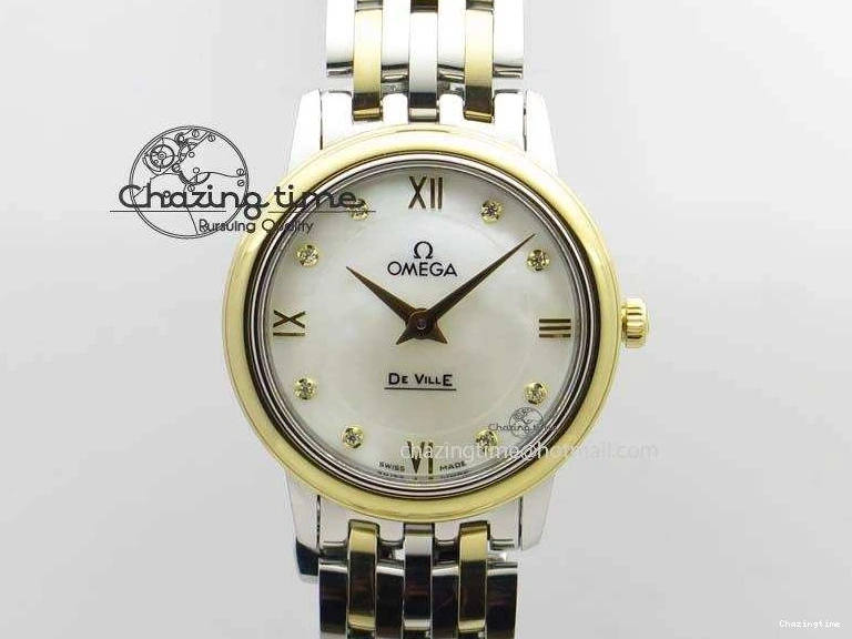 0503 OnTrend De Ville 27mm SS YG Ladies MK 1:1 Best Edition White MOP Dial Diamond Markers On SS Bracelet Ronda Quartz 8187